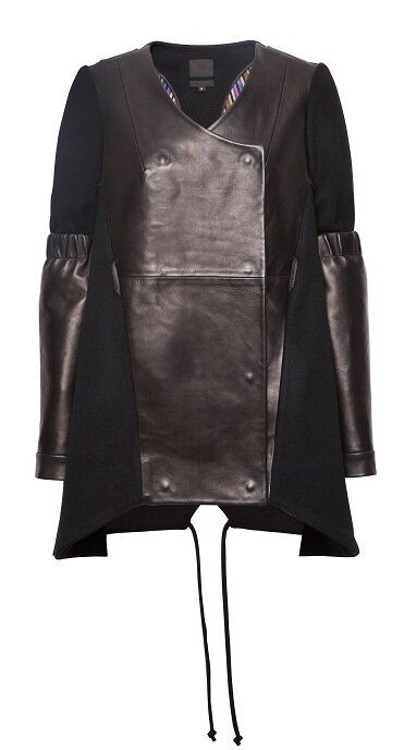 Полупальто дизайнерское из шерсти с кожаными бортами модное, осень 2013